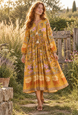 Boho Maxi Gown – “Flower Garden” Loose Floral Dress in Yellow — AI-generated editorial model image
