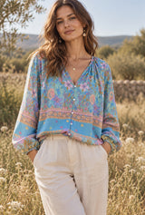 Boho Top for Women – Bohemian Blouse - Freya Pink & Blue Floral Long Sleeve Top - blue - AI styled model; original product photos retained