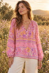 Boho Top for Women – Bohemian Blouse - Freya Pink & Blue Floral Long Sleeve Top - pink - AI styled model; original product photos retained