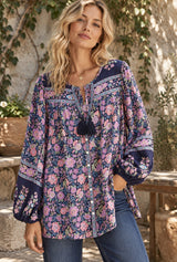 Boho Blouse – “Wild Petal” – Boho Floral Tunic Tops in Purple - navy-purple - AI styled model; original product photos retained
