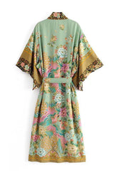 Boho Robe, Kimono Robe, Peacock in Gold Green - Wild Rose Boho