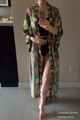 Boho Robe, Kimono Robe, Peacock in Gold Green - Wild Rose Boho