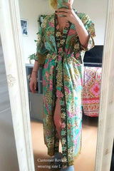 Boho Robe, Kimono Robe, Peacock in Gold Green - Wild Rose Boho
