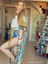 Boho Robe, Kimono Robe, Beach Cover up, Peacock in Gold Green
