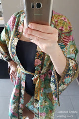 Boho Robe, Kimono Robe, Peacock in Gold Green - Wild Rose Boho
