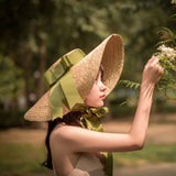 Boho Hat, Sun Hat, Beach Hat, Wide Brim Straw Hat,Green Ribbon - Wild Rose Boho