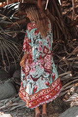 Boho Robe, Kimono Robe, Peony Green Red - Wild Rose Boho