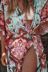 Boho Robe, Kimono Robe, Peony Green Red - Wild Rose Boho