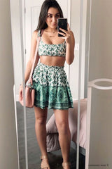 Boho Two Piece Set, Two Piece Skirt Set, Wild Floral in Mint Green