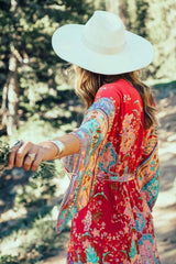 Boho Robe, Kimono Robe, Beach Cover up, Wild Flower Kelly Red