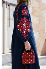 Boho Dress, Gown, White and Navy Cotton Tapestry - Wild Rose Boho