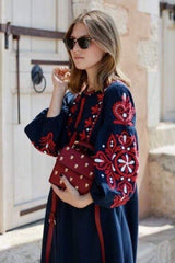 Boho Dress, Gown, White and Navy Cotton Tapestry - Wild Rose Boho