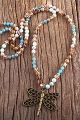 Boho Necklace, RH Amazonite Jasper, Dragonfly Brown Natural Stone - Wild Rose Boho