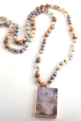 Boho Necklace, RH Rose Quart Amazonite, Square Pink Green Natural Stone - Wild Rose Boho