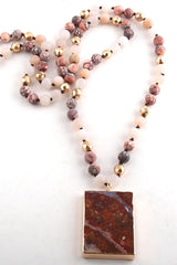 Boho Necklace, RH Rose Quart Amazonite, Square Pink Green Natural Stone - Wild Rose Boho