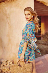 Boho Jumpsuit, Romper, Playsuit, Blue Wild Flower - Wild Rose Boho