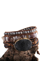 Boho Bracelet, RH 5 Layers Leather Wrap Bracelet, Natural Stones, Snow White and Black - Wild Rose Boho