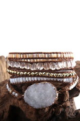 Boho Bracelet, RH 5 Layers Leather Wrap Bracelet, Natural Stones, Snow White and Black - Wild Rose Boho