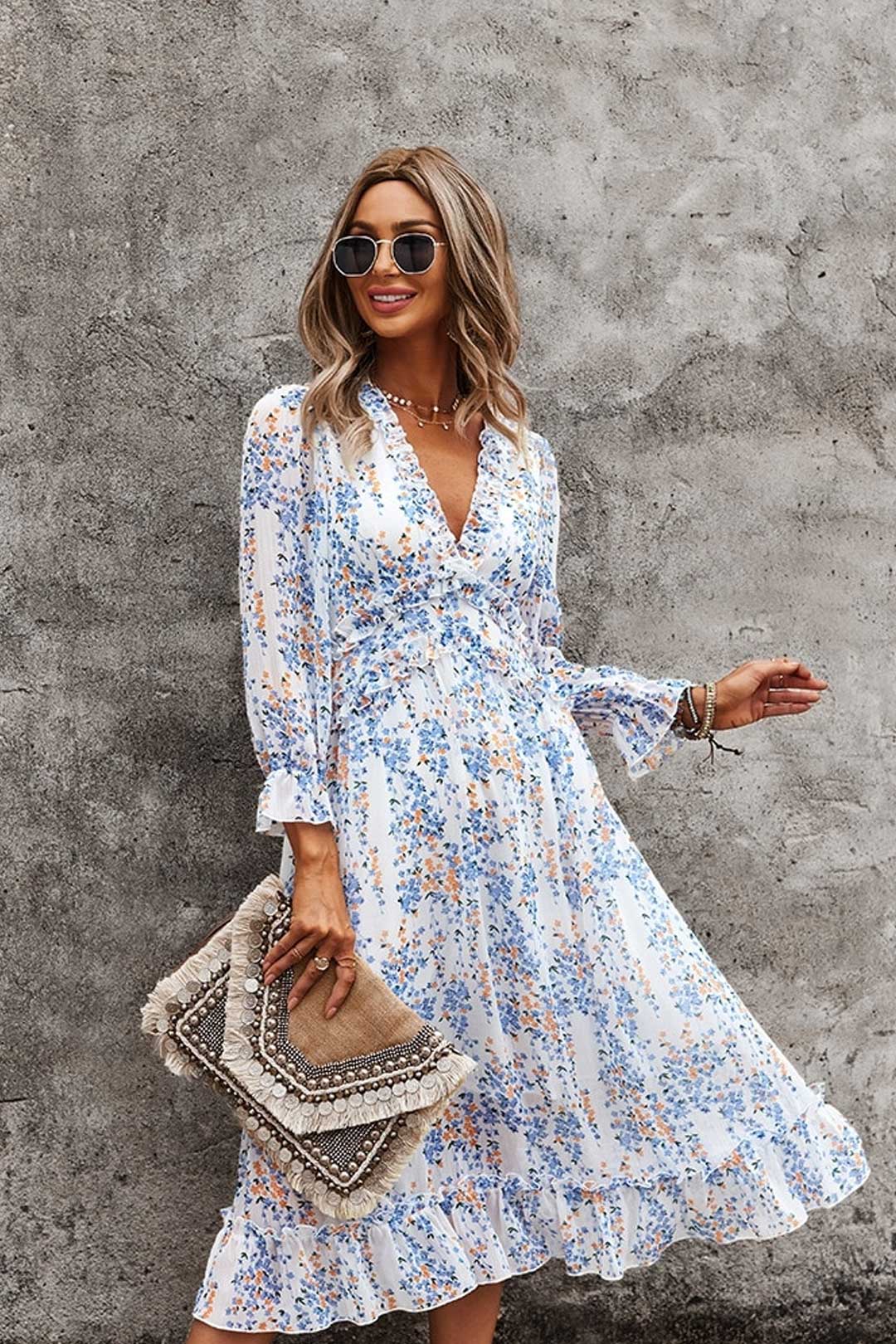 Boho Midi Dress, Sundress, Kaftan Dress, Indian Flower in Navy