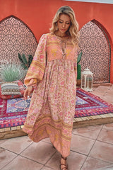 Boho Dress, Gown, Camila Indian Flower Pink - Wild Rose Boho