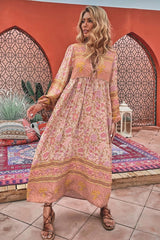 Boho Dress, Gown, Camila Indian Flower Pink - Wild Rose Boho