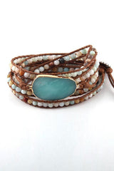 Boho Bracelet, RH 5 Layers Leather Wrap Bracelet, Natural Stones, Blue, White, Brown - Wild Rose Boho