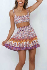 Boho 2 Piece Set, Matching Crop Top and Skirt, Pink Little Flower - Wild Rose Boho