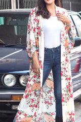 Boho Robe, Kimono Robe, White Floral - Wild Rose Boho