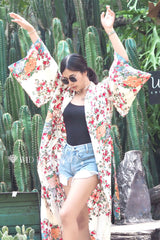 Boho Robe, Kimono Robe, White Floral - Wild Rose Boho