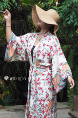 Boho Robe, Kimono Robe, White Floral - Wild Rose Boho