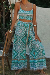 Boho 2 Piece Set, Matching Crop Top and Palazzo Pant, Wild Boho Square Mint - Wild Rose Boho