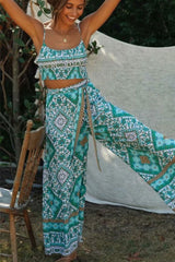 Boho 2 Piece Set, Matching Crop Top and Palazzo Pant, Wild Boho Square Mint - Wild Rose Boho