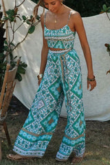 Boho 2 Piece Set, Matching Crop Top and Palazzo Pant, Wild Boho Square Mint - Wild Rose Boho