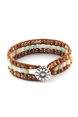 Boho Bracelet, RH Leather Wrap Bracelet, Blue Amazonite Lotus - Wild Rose Boho