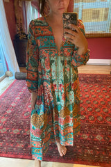 Gown Dress, Boho Maxi Dress, Loose Dress, Wild Flower Eulalie in Green and Red