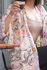 Boho Robe, Short Kimono Robe, Sweet Vintage Pink Flower - Wild Rose Boho
