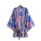 Boho Robe – “Oceane Moonlight” Lightweight Green & Pink Short Kimono Cover-Up for Lounge & Beach