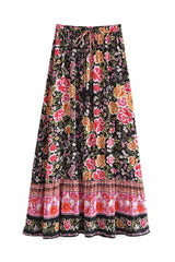 Boho Skirt, Maxi Skirt, Eulalie Balck Pink Flower - Wild Rose Boho