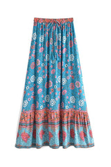 Boho Skirt, Maxi Skirt, Verbena Flower in Blue - Wild Rose Boho