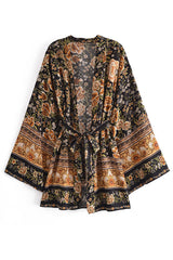 Boho Robe, Short Kimono Robe, Esme Rosa Black Midnight - Wild Rose Boho