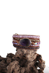 Boho Bracelet, RH 5 Layers Leather Wrap Bracelet, Natural Stones, Violet Amythyst - Wild Rose Boho