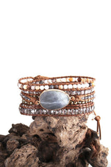 Boho Bracelet, RH 5 Layers Leather Wrap Bracelet, Natural Stones, Violet Amythyst - Wild Rose Boho
