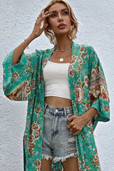 Boho Robe, Short Kimono Robe, Elliana Rosita in Green - Wild Rose Boho