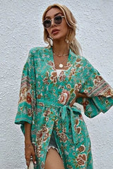 Boho Robe, Short Kimono Robe, Elliana Rosita in Green - Wild Rose Boho