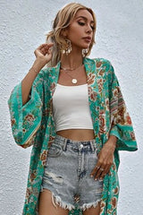 Boho Robe, Short Kimono Robe, Elliana Rosita in Green - Wild Rose Boho
