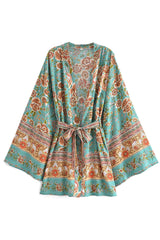 Boho Robe, Short Kimono Robe, Elliana Rosita in Green - Wild Rose Boho
