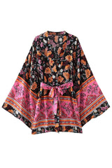 Boho Robe, Short Kimono Robe, Elliana in Black - Wild Rose Boho