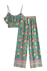 Boho Two Piece Set, Crop Top and Palazzo Pant, Green Petunia