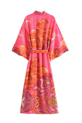 Boho Robe – “Oceane Moonlight” Bohemian Kimono Cover-Up in Pink Floral for Women