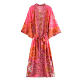 Boho Robe – “Oceane Moonlight” Bohemian Kimono Cover-Up in Green Floral for Women